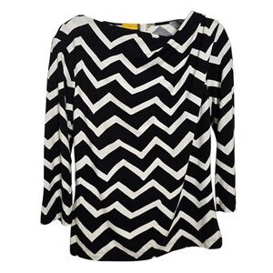 St John Chevron Knit Top Black White Draped Shoulder 3/4 Sleeve Size S Women's